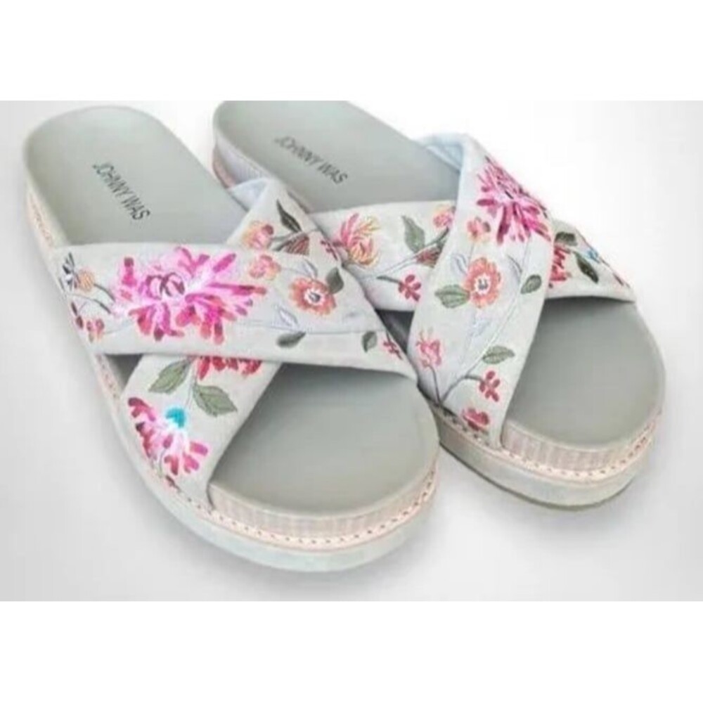 Johnny Was Sz 8 Viviana X Band Sandal Beige Platform Embroidered Floral Flowers